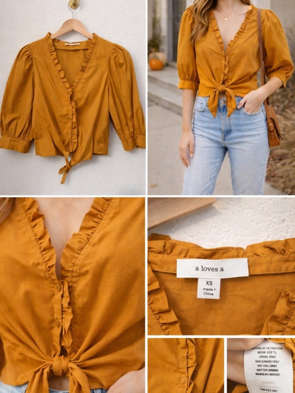 A Loves A  Mustard Tie Front Blouse Puff Sleeve Ruffle Boho Top Size XS